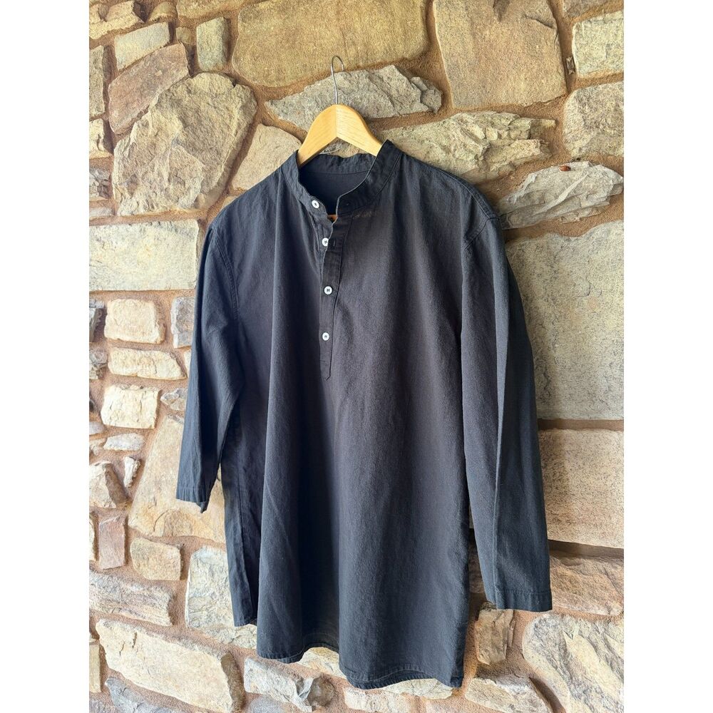 Black Cotton Linen Henley Long Sleeve Shirt Men’s L